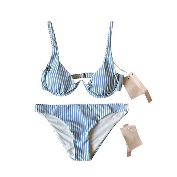 Avec Les Filles Striped Underwire Bikini Set NEW Size Medium Blue White - Picture 2 of 10